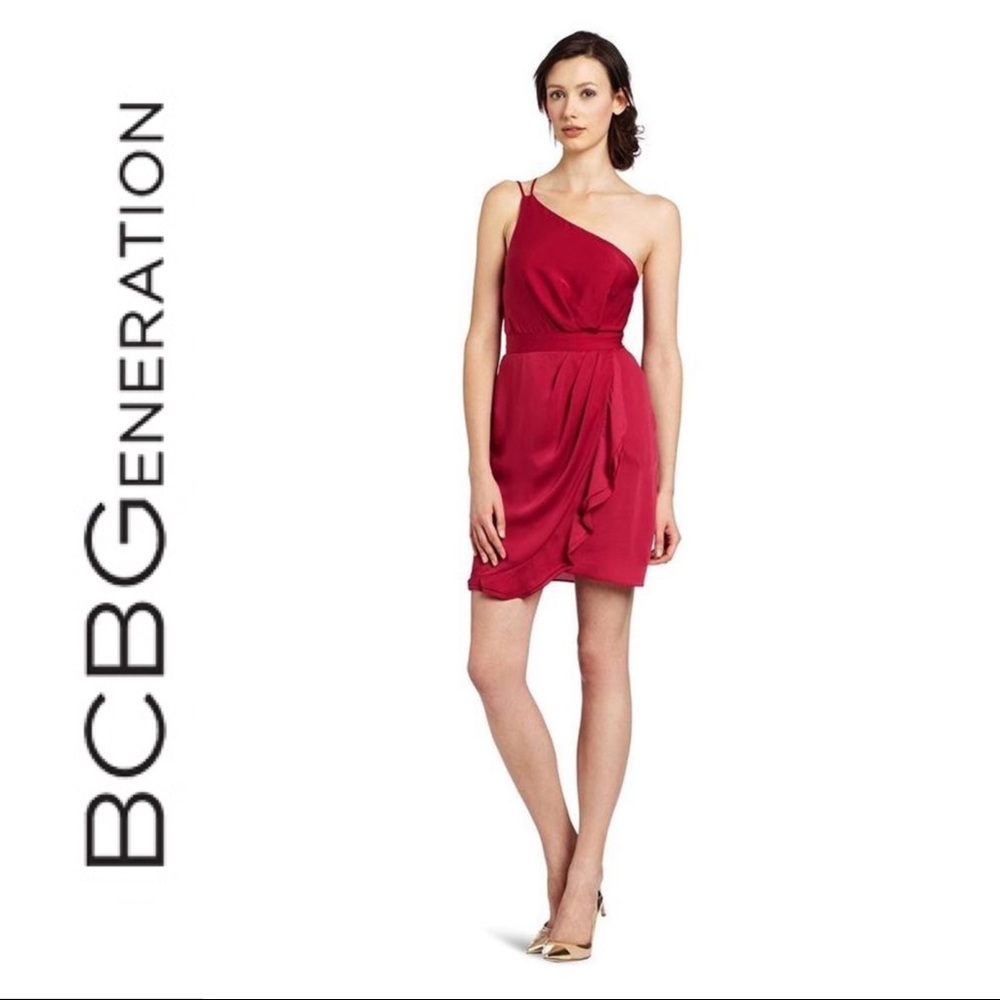 NWT $98~BCBG Generation~Red One-Shoulder Strappy Draped Ruffle Faux Wrap Dress~S